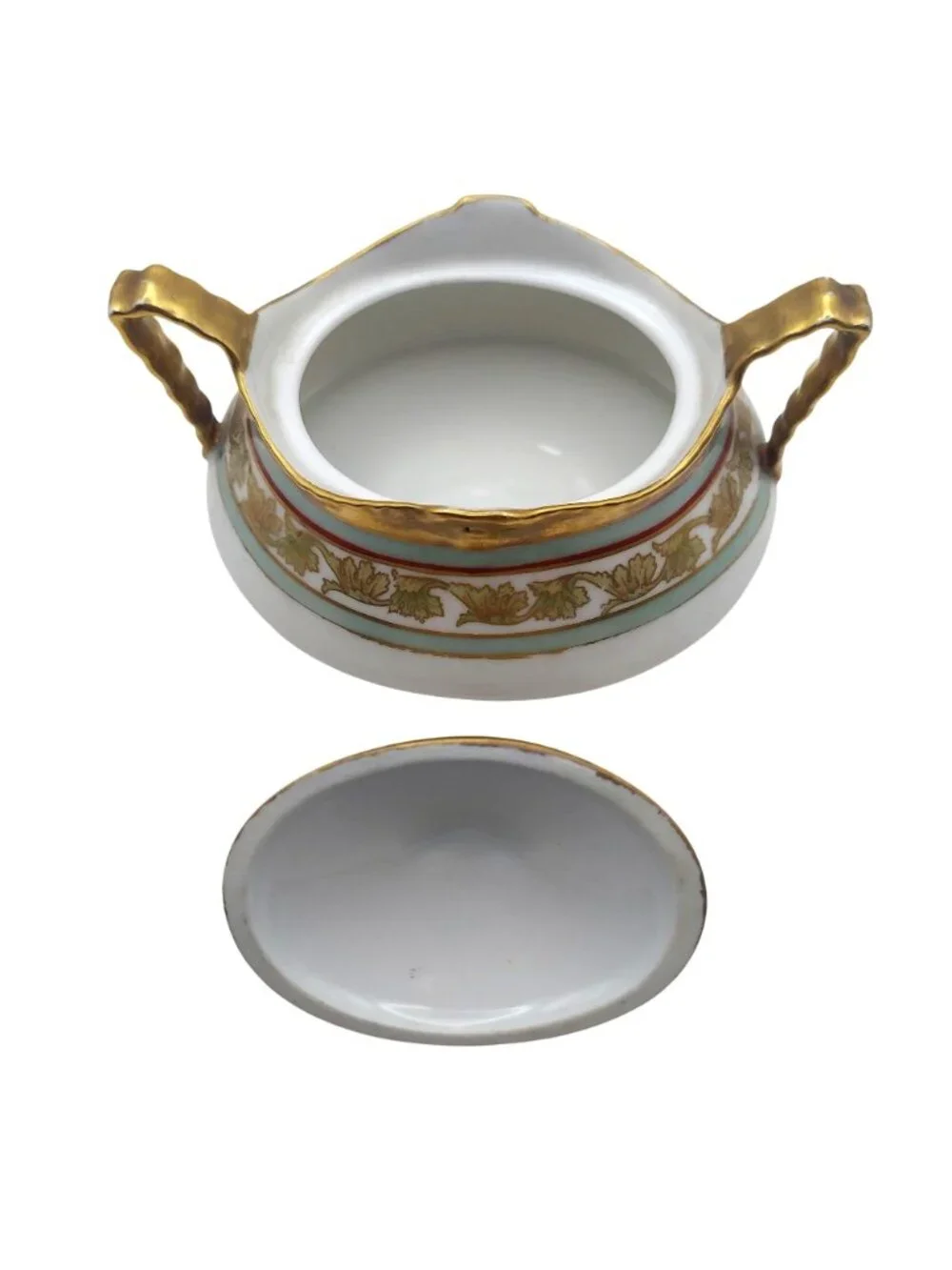 Limoges Coronet France Porcelain Sugar Bowl Creamer Leaf Motif Gold Trim Antique